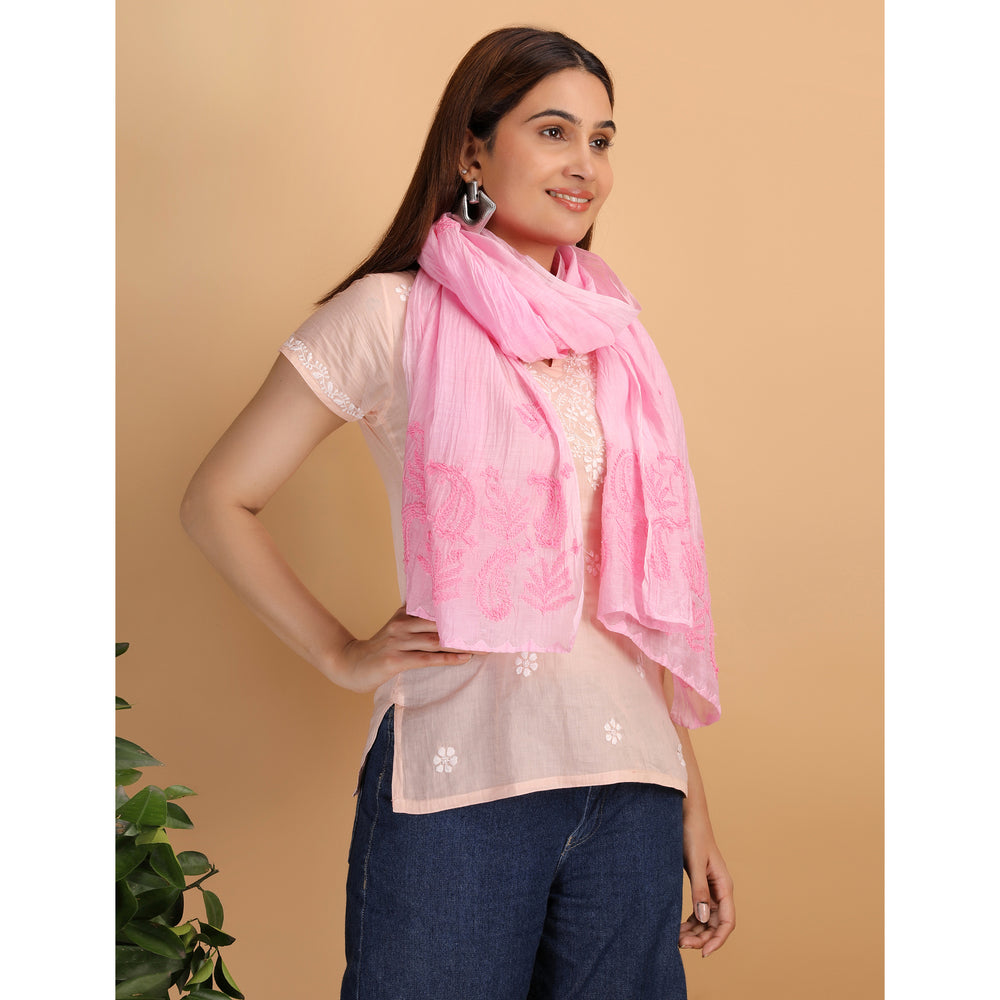 Shwet Women Pink Chikankari Chanderi Stole