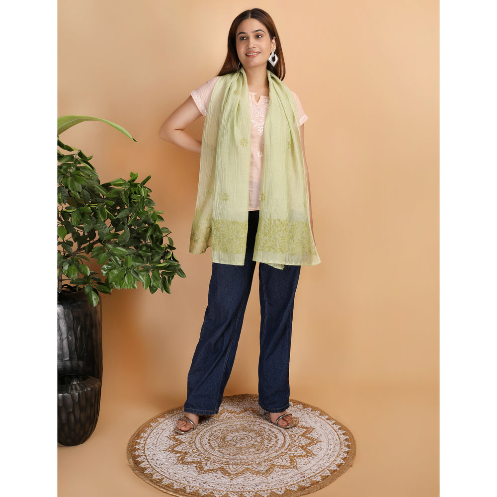 Shwet Women Green Chikankari Chanderi Stole