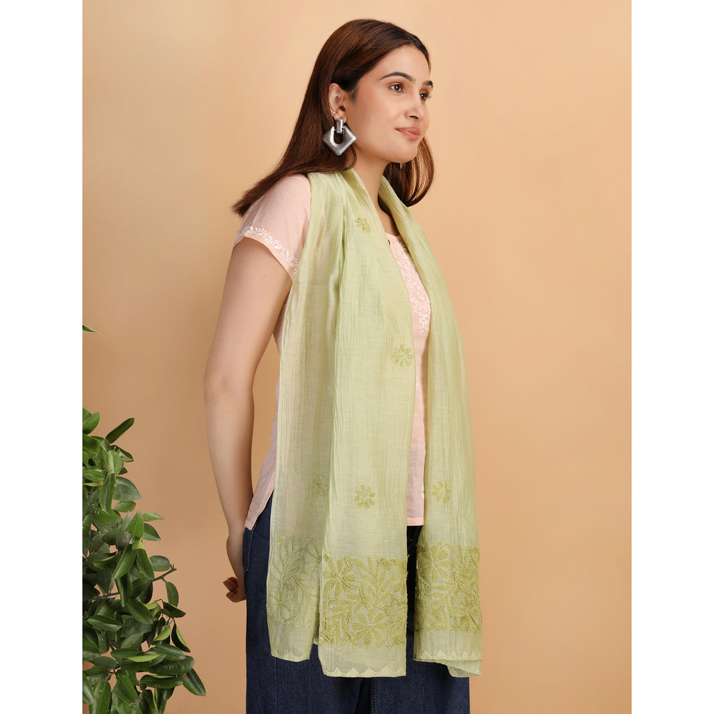 Shwet Women Green Chikankari Chanderi Stole