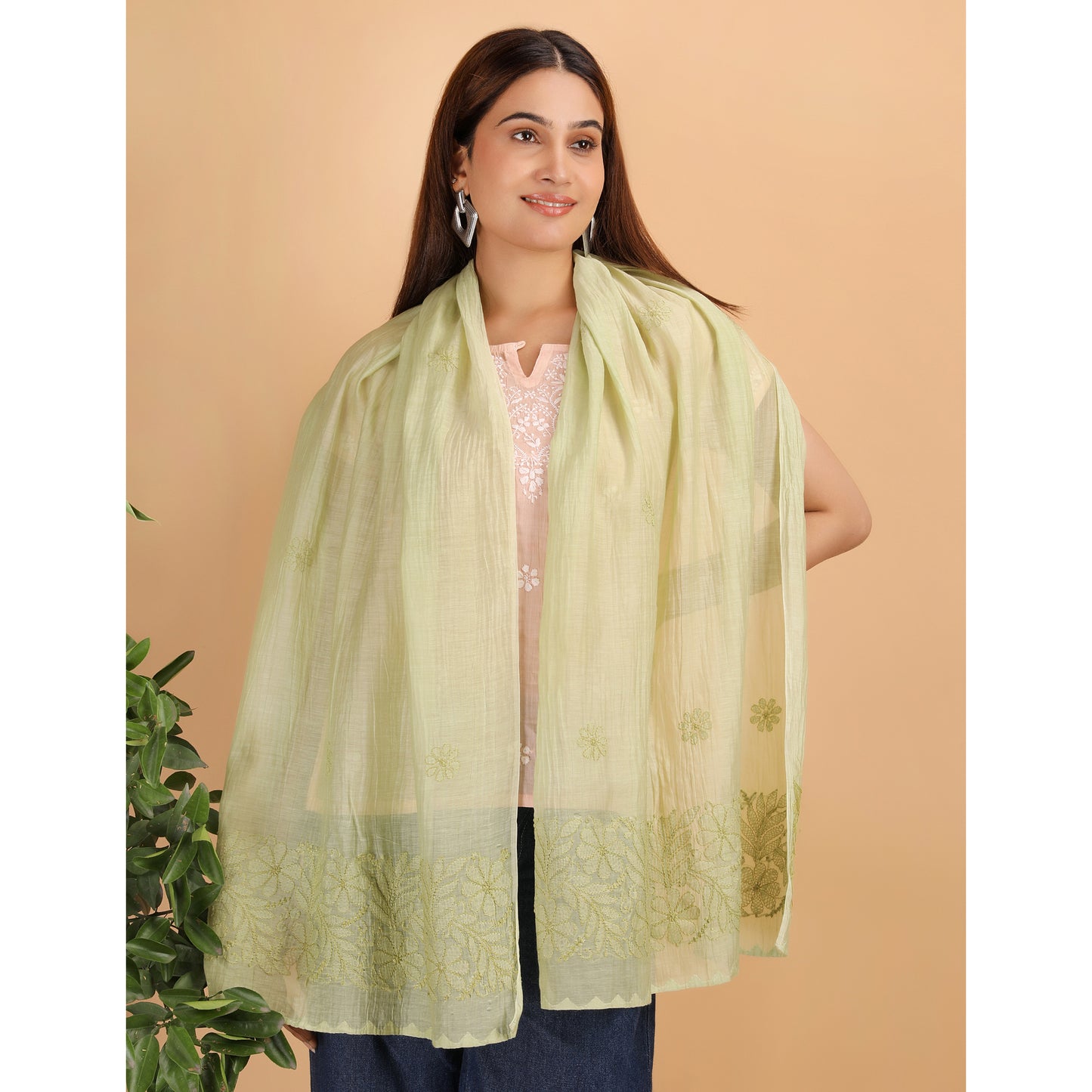 Shwet Women Green Chikankari Chanderi Stole