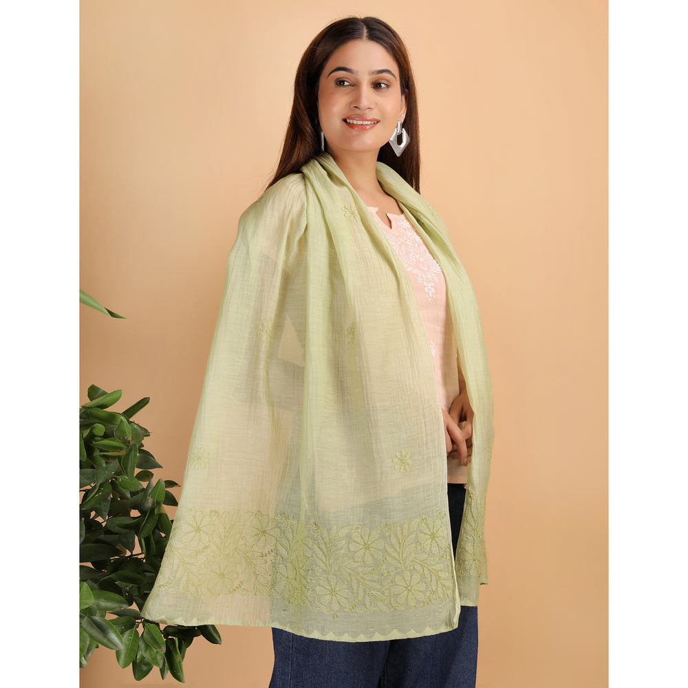 Shwet Women Green Chikankari Chanderi Stole