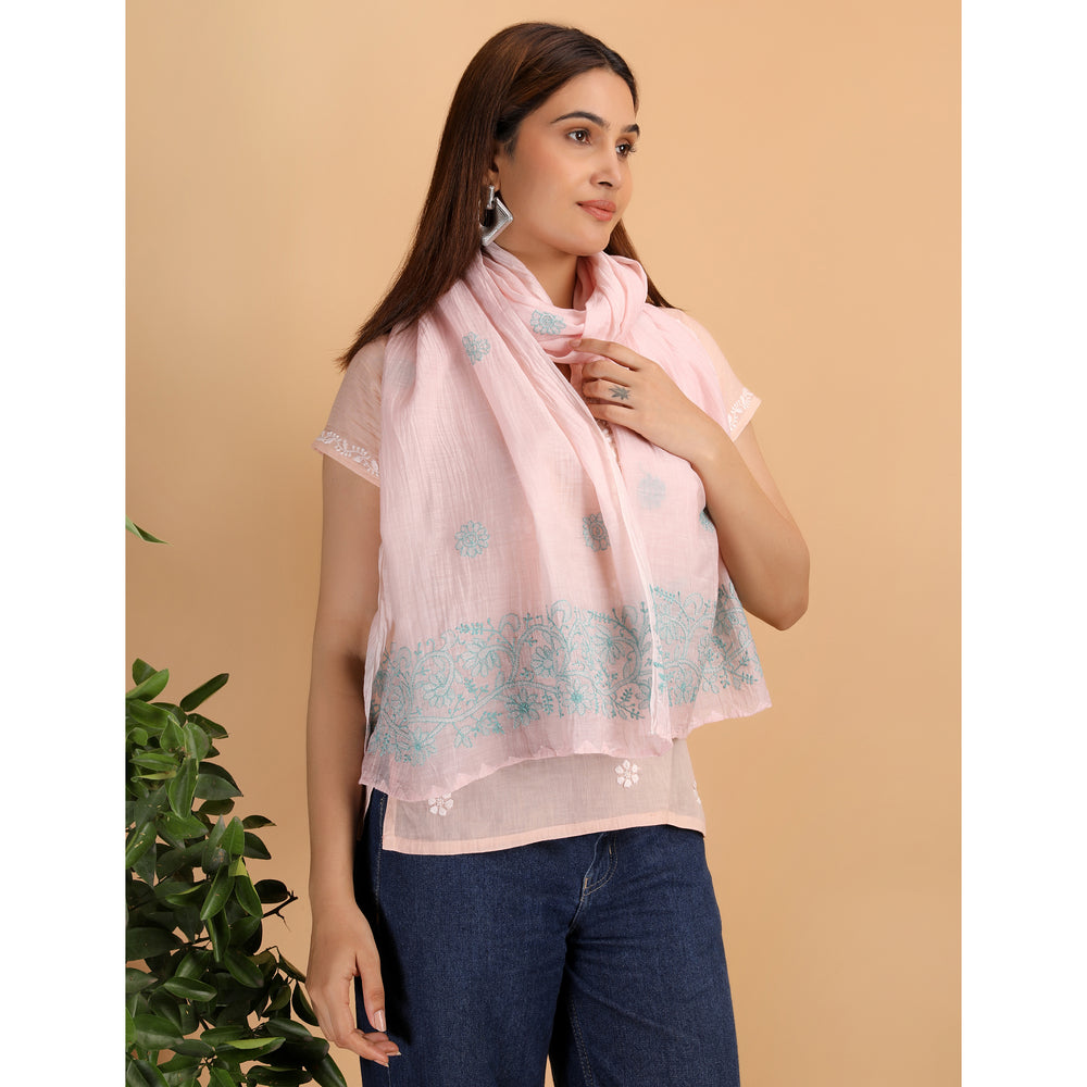 Shwet Women Peach Chikankari Chanderi Stole