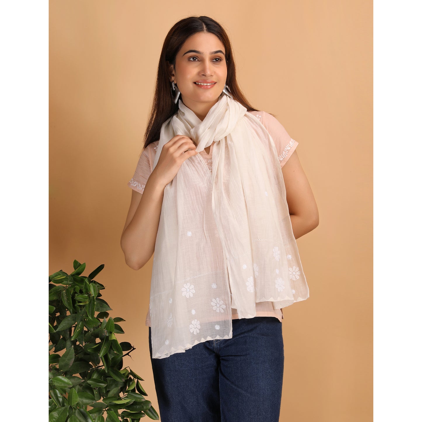 Shwet Women Nude Pink Chikankari Chanderi Stole