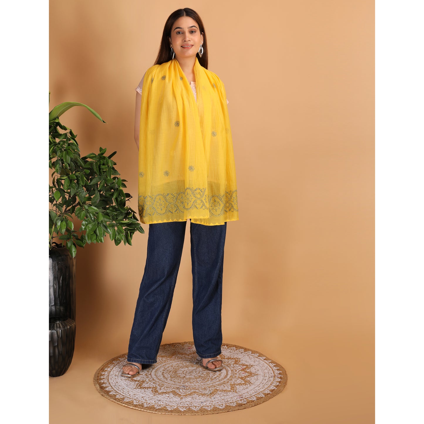 Shwet Women Yellow Chikankari Chanderi Stole