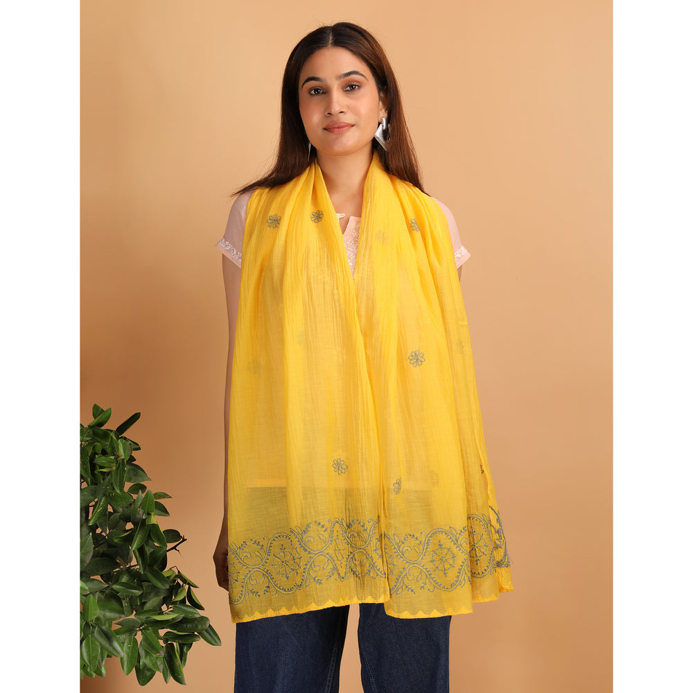 Shwet Women Yellow Chikankari Chanderi Stole