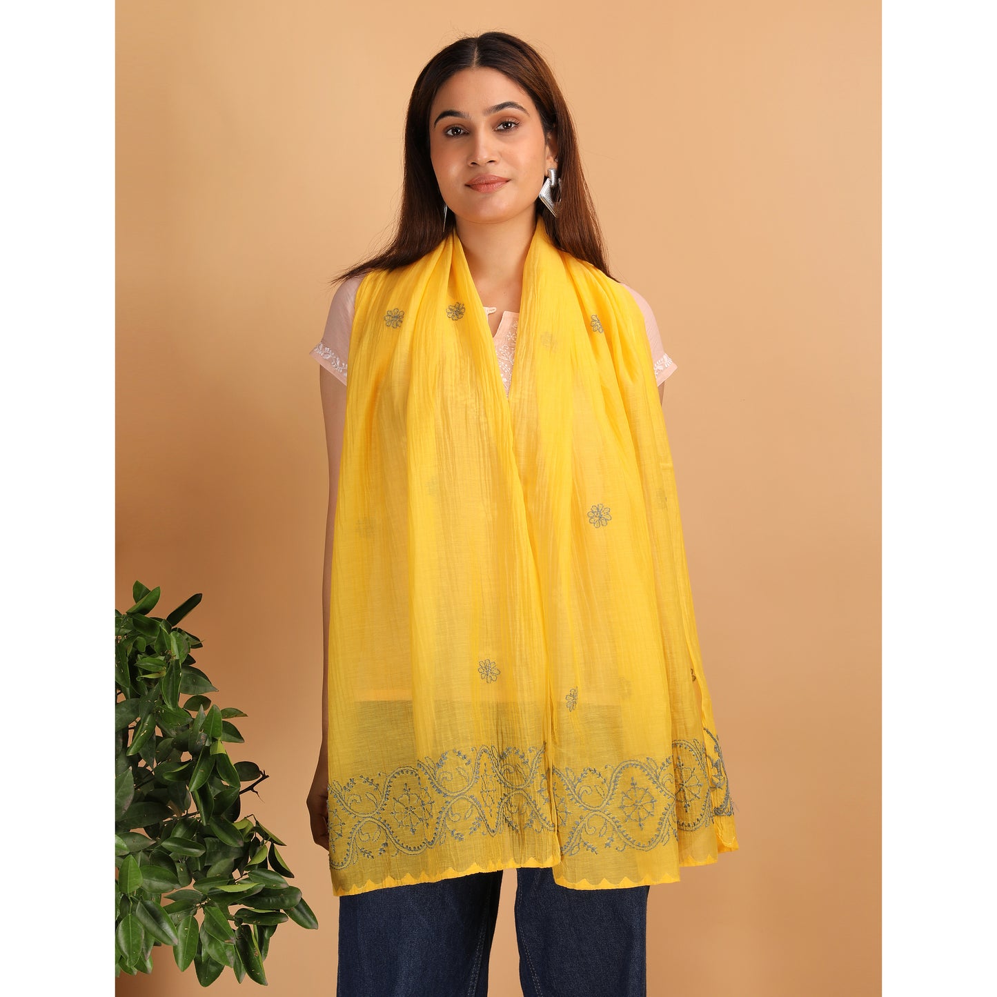 Shwet Women Yellow Chikankari Chanderi Stole