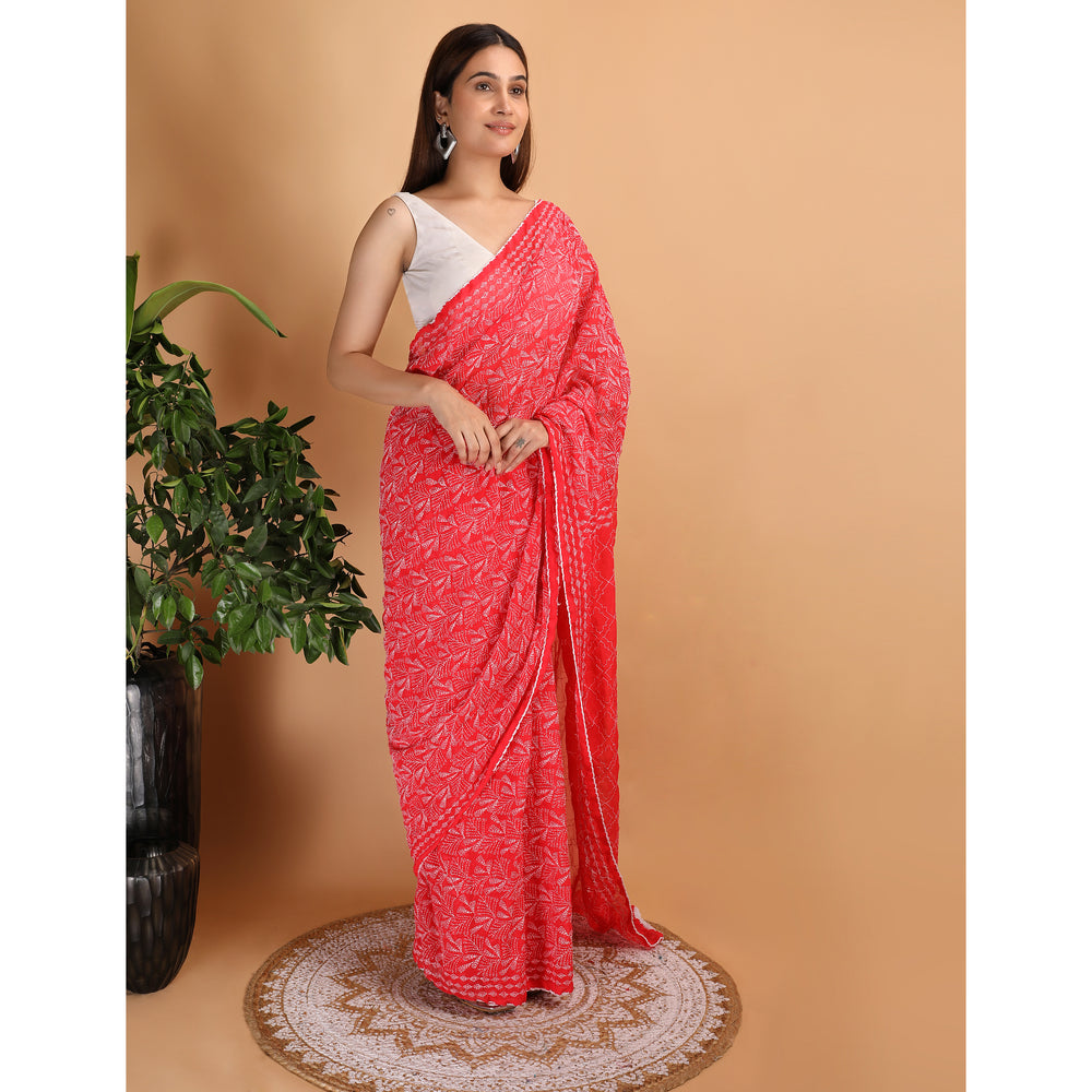 Shwet Red Chikankari Georgette Saree