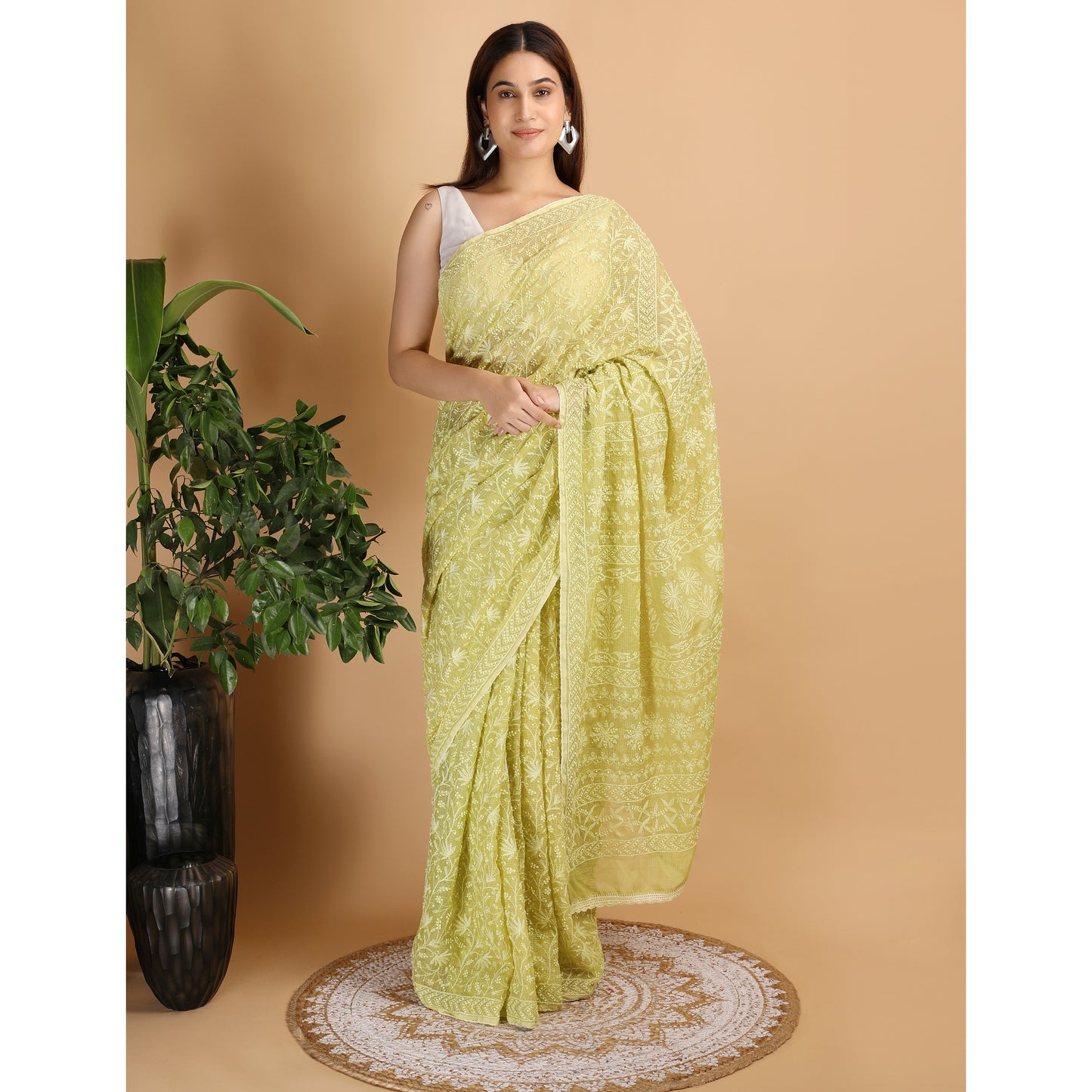 Shwet Parrot Green Kota Cotton Chikankari Saree