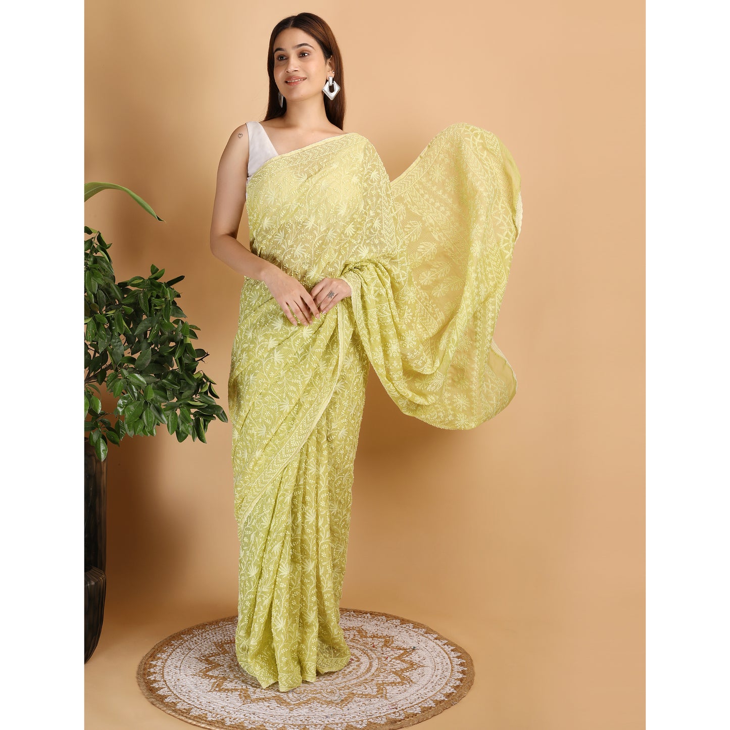 Shwet Parrot Green Kota Cotton Chikankari Saree