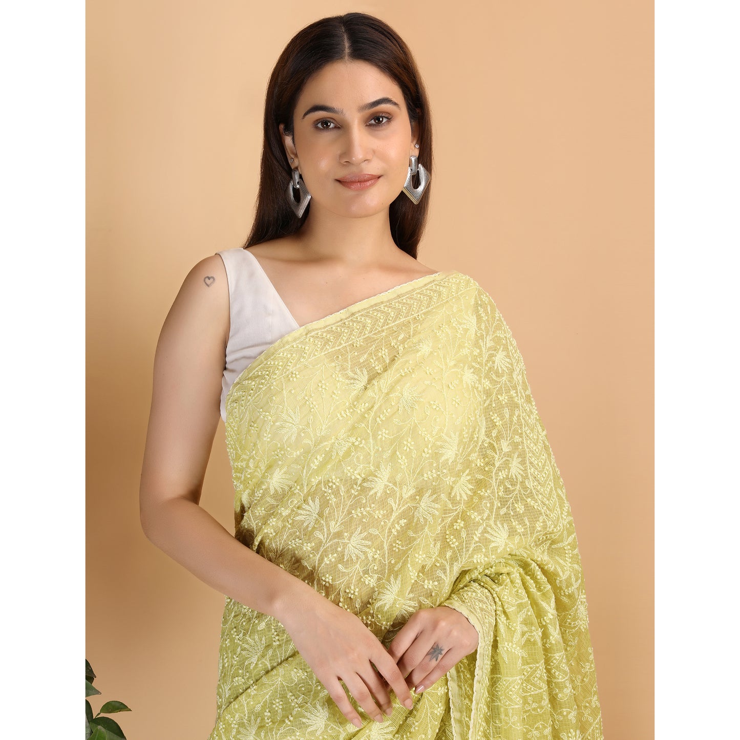 Shwet Parrot Green Kota Cotton Chikankari Saree