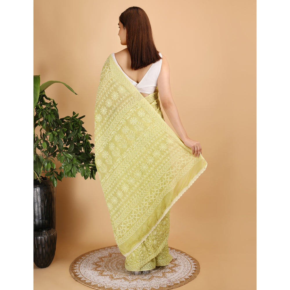 Shwet Parrot Green Kota Cotton Chikankari Saree