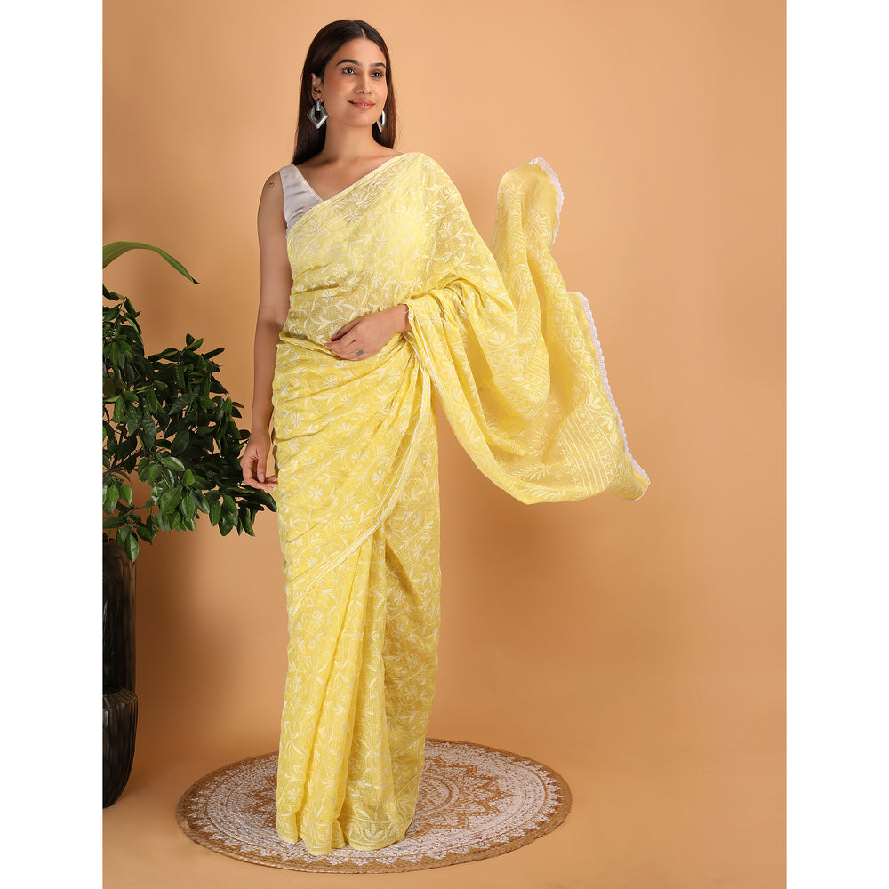 Shwet Yellow Kota Cotton Chikankari Saree