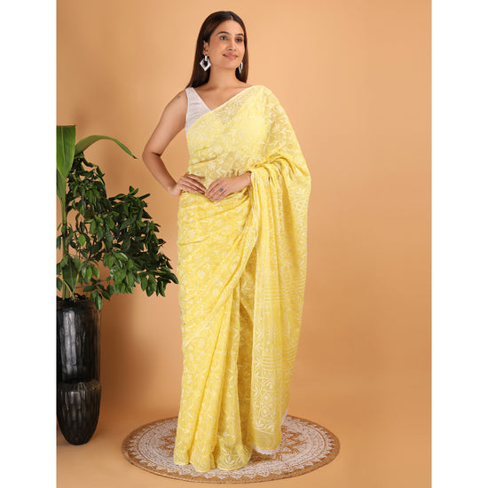 Shwet Yellow Kota Cotton Chikankari Saree