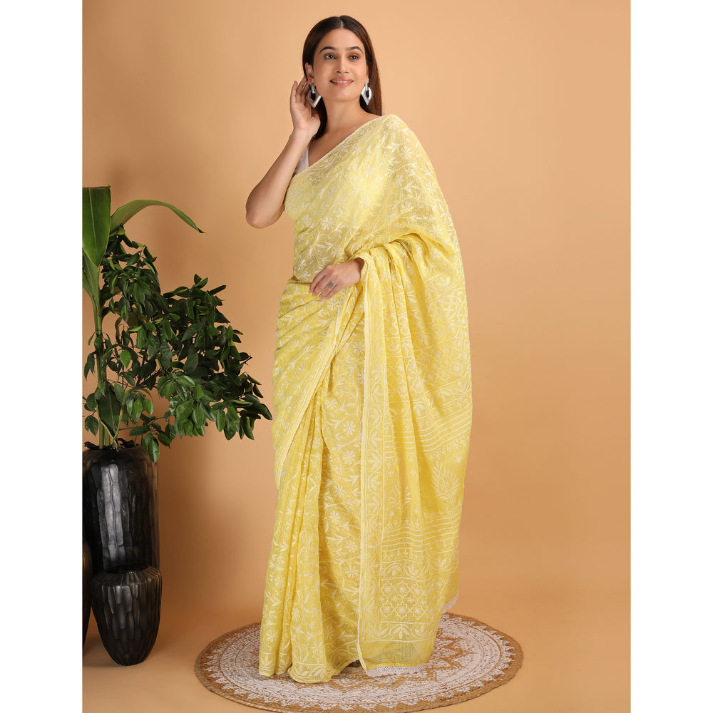 Shwet Yellow Kota Cotton Chikankari Saree