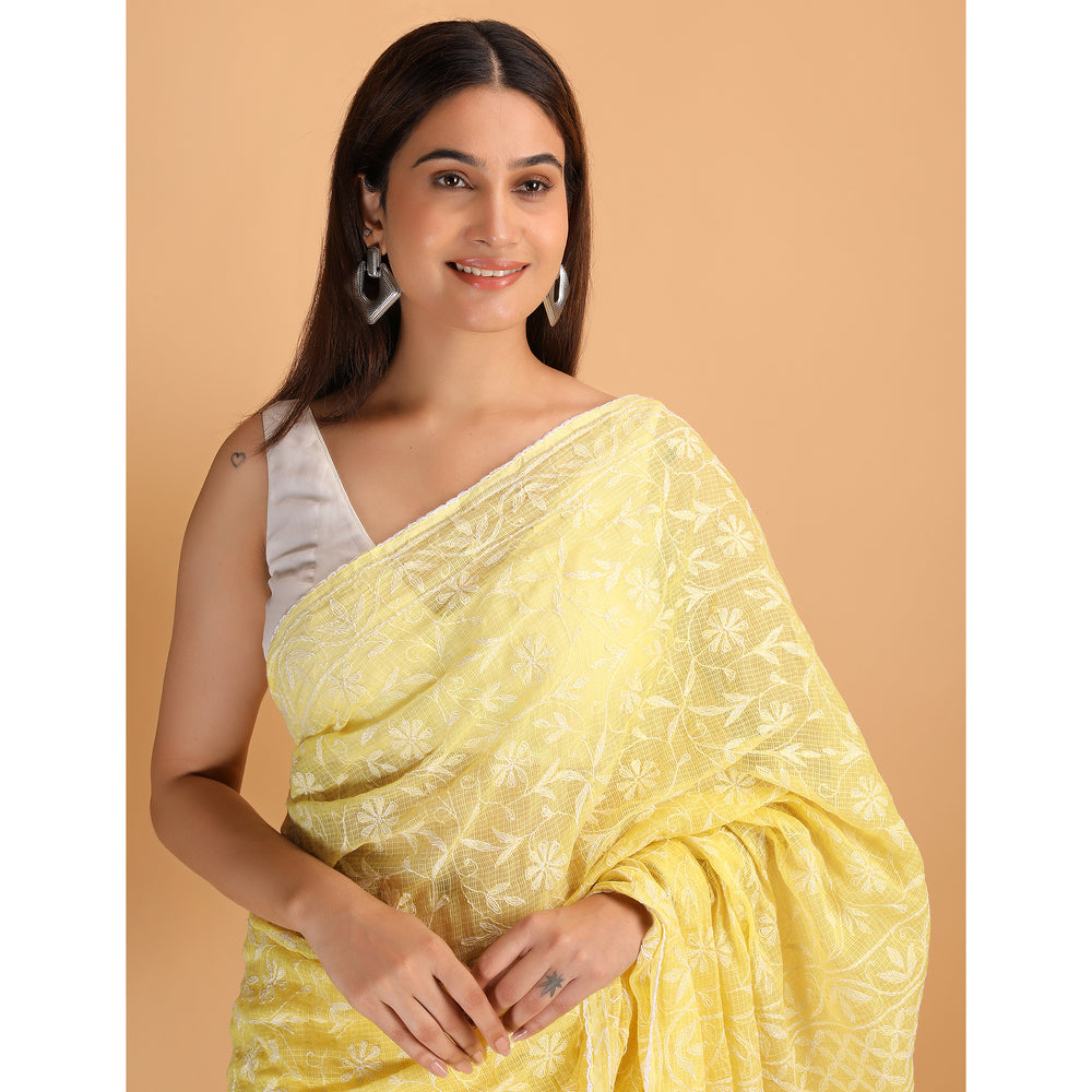 Shwet Yellow Kota Cotton Chikankari Saree