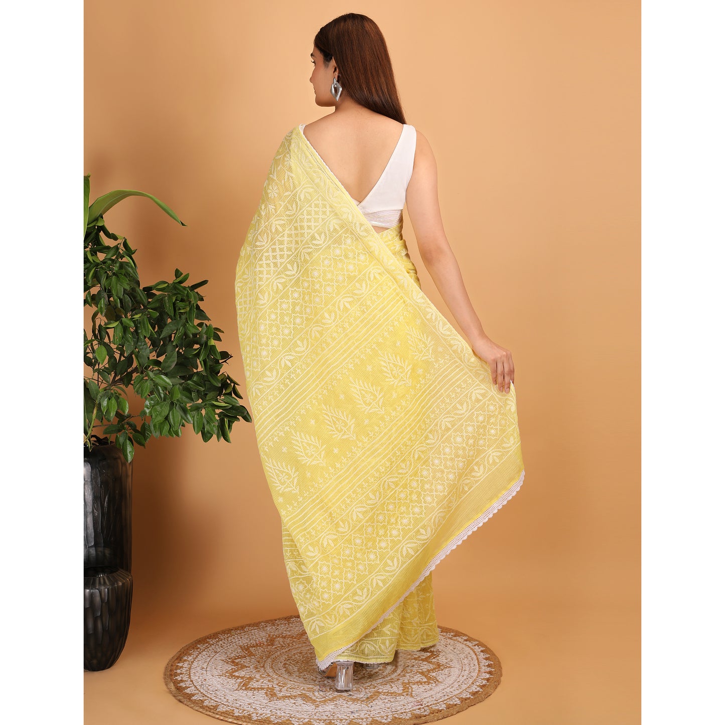 Shwet Yellow Kota Cotton Chikankari Saree