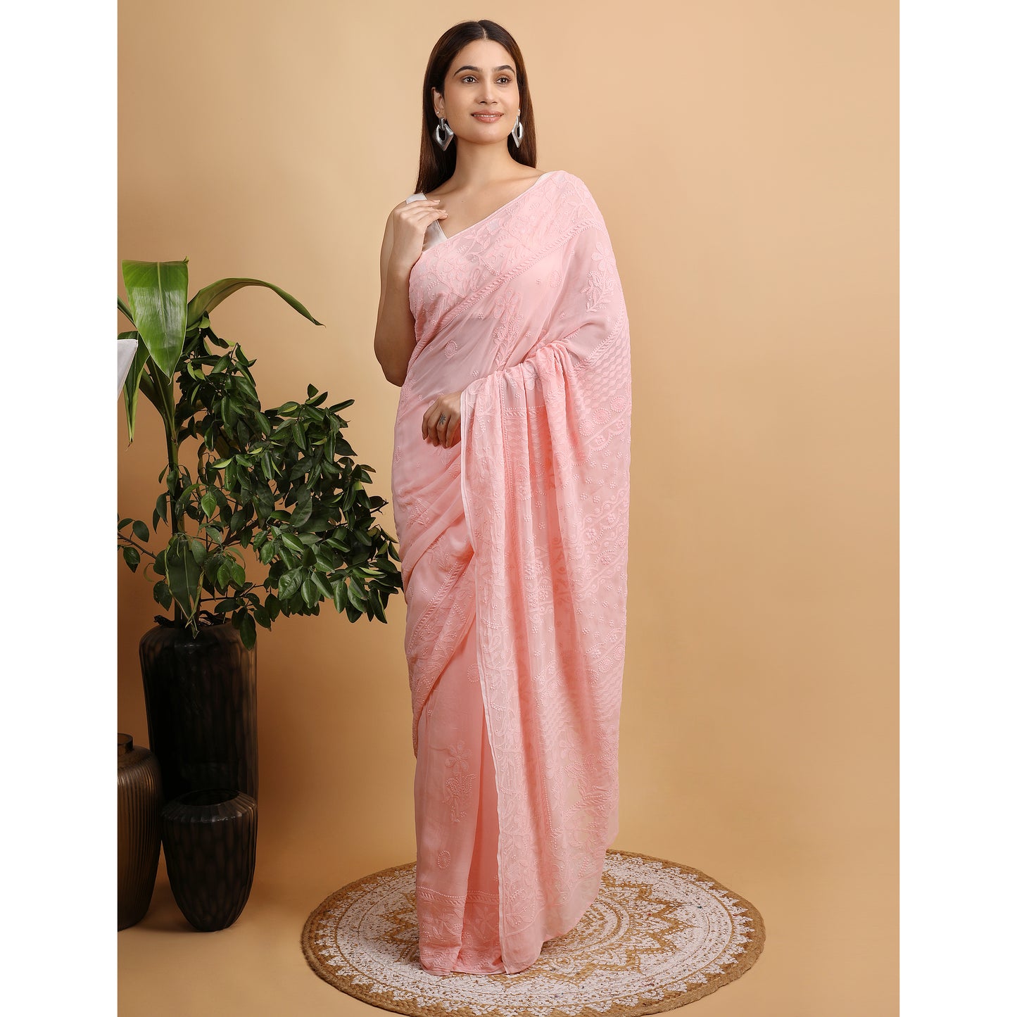 Shwet Peach Viscose Georgette Chikankari Saree