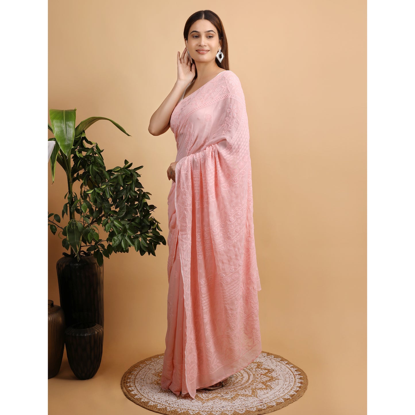 Shwet Peach Viscose Georgette Chikankari Saree