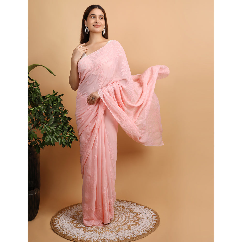 Shwet Peach Viscose Georgette Chikankari Saree