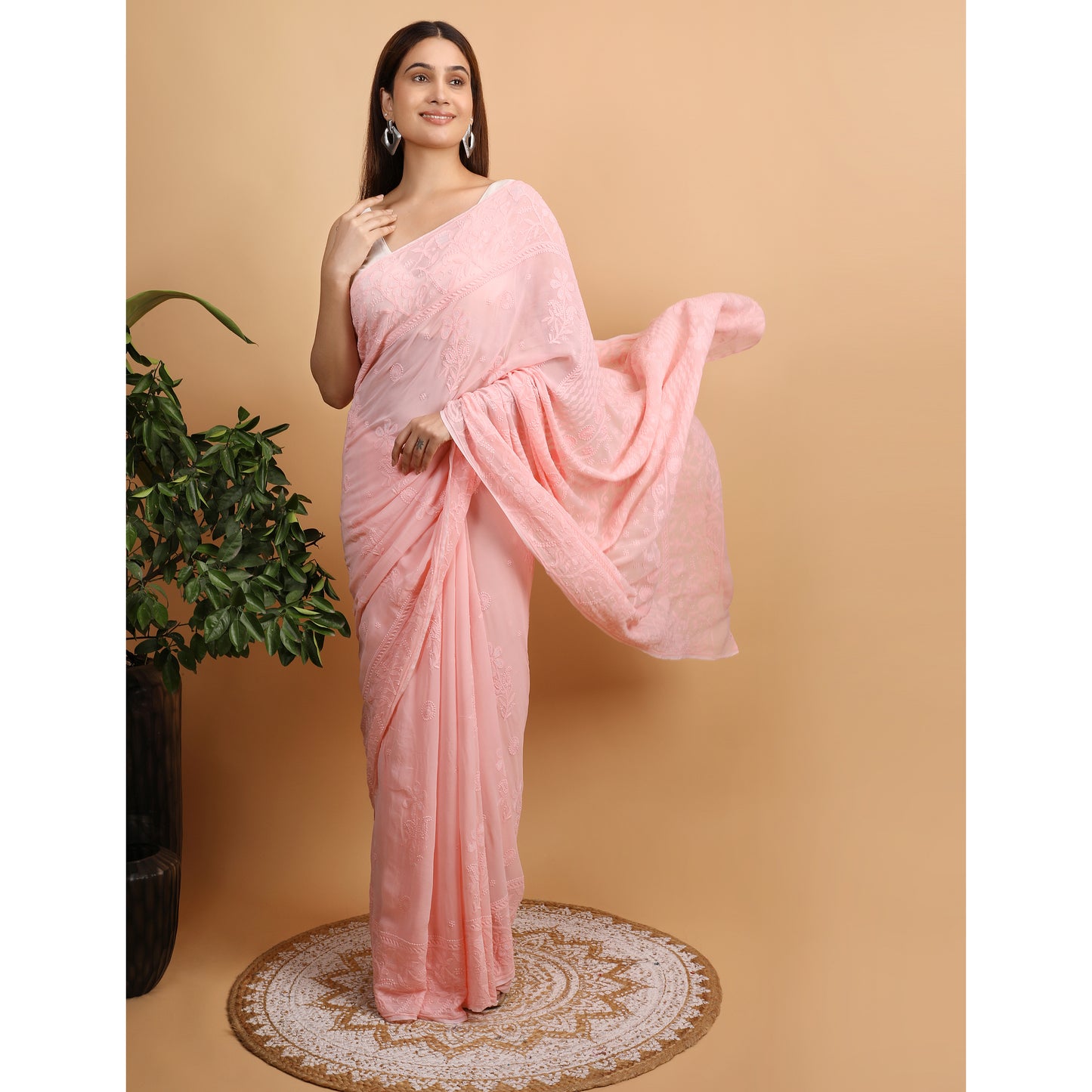 Shwet Peach Viscose Georgette Chikankari Saree