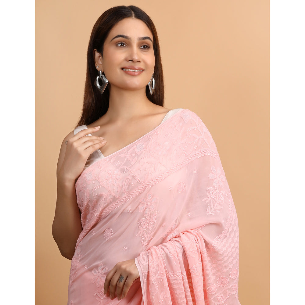 Shwet Peach Viscose Georgette Chikankari Saree