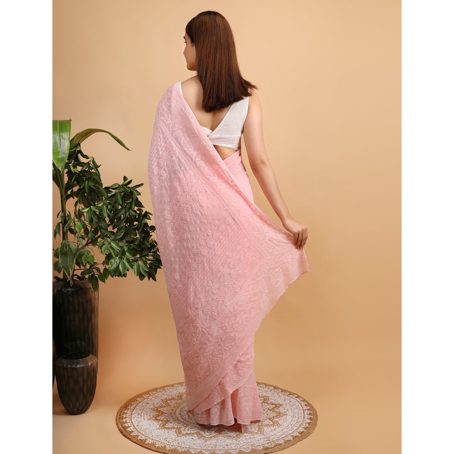 Shwet Peach Viscose Georgette Chikankari Saree