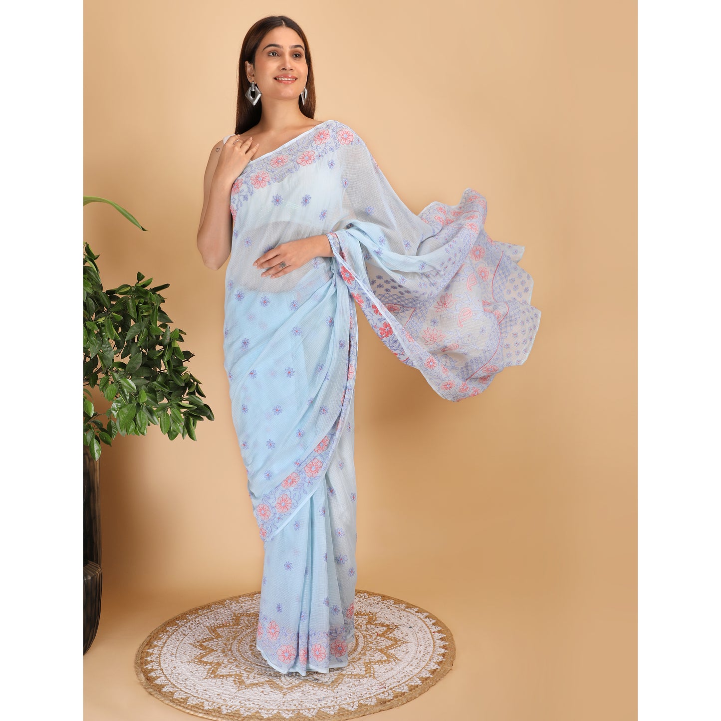 Shwet Sky Blue And Peach  Kota Cotton Chikankari Saree