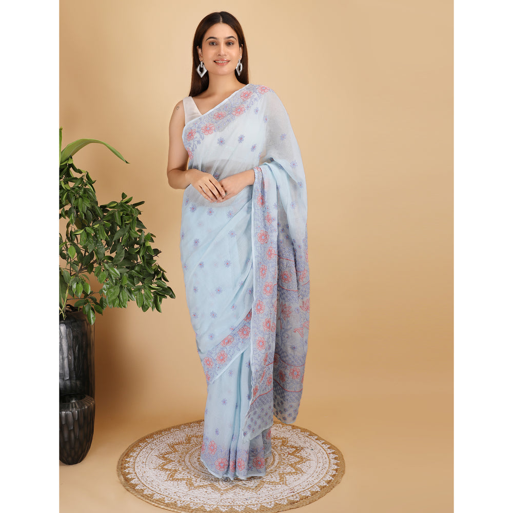 Shwet Sky Blue And Peach  Kota Cotton Chikankari Saree