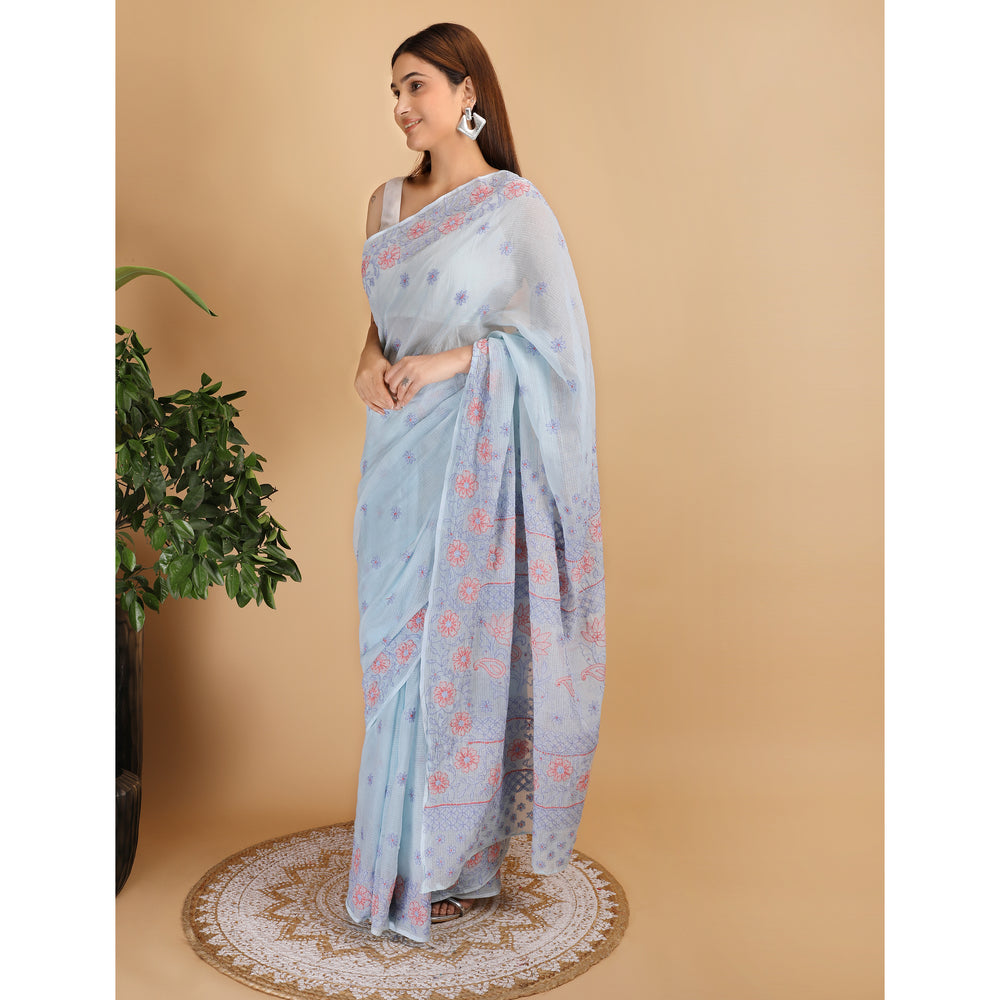 Shwet Sky Blue And Peach  Kota Cotton Chikankari Saree