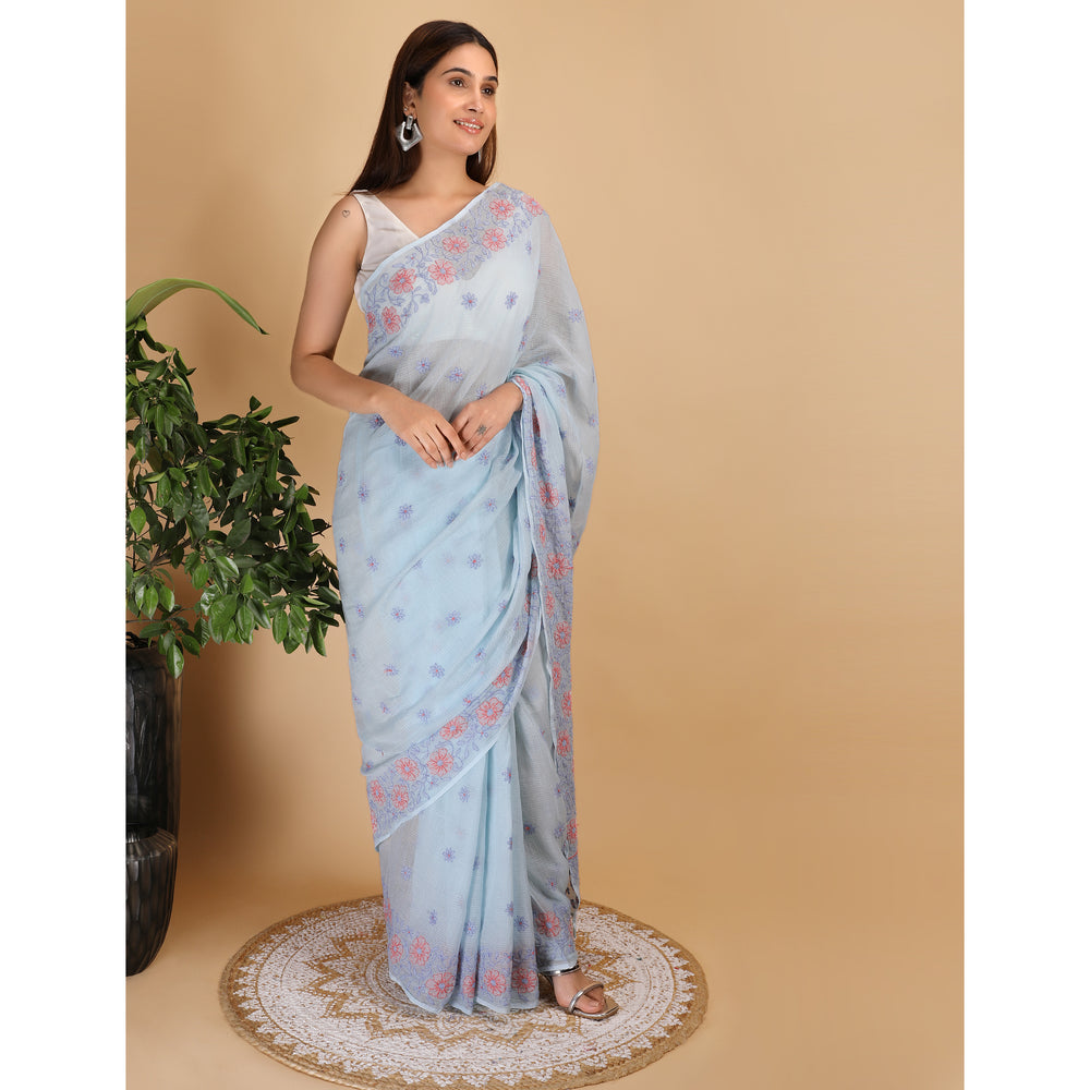 Shwet Sky Blue And Peach  Kota Cotton Chikankari Saree