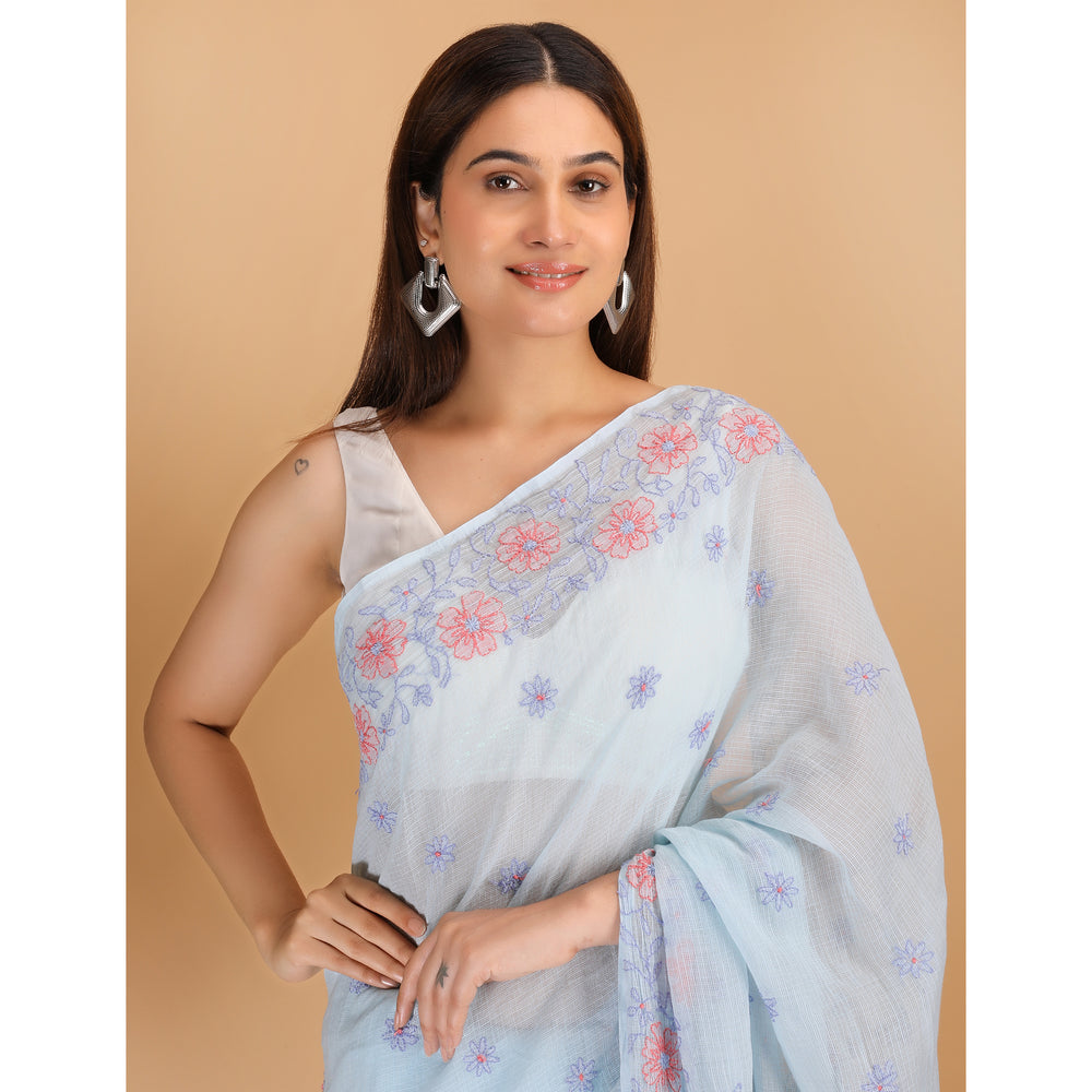 Shwet Sky Blue And Peach  Kota Cotton Chikankari Saree