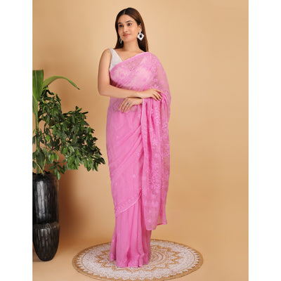 Shwet Magenta Kota Cotton Chikankari Saree