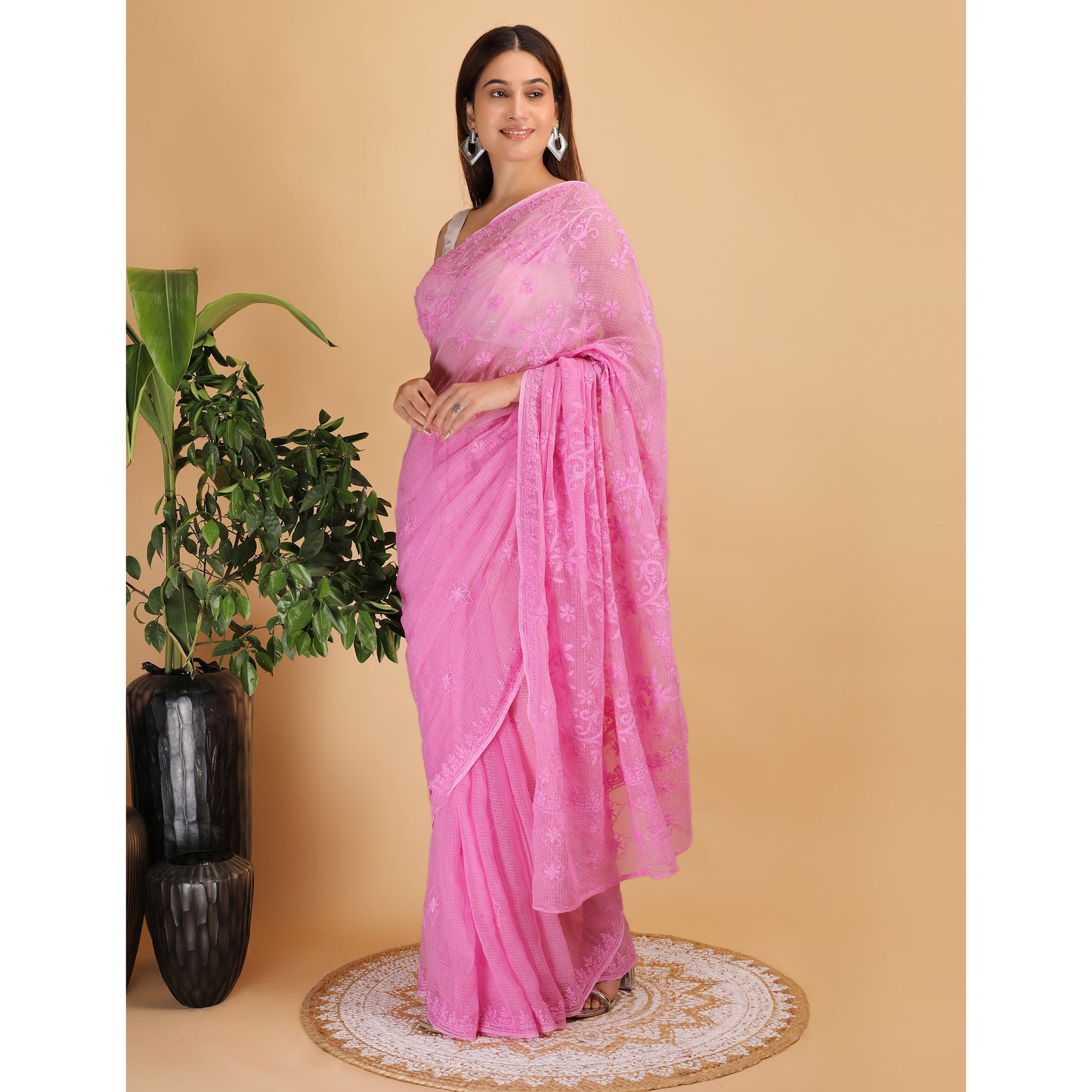 Shwet Magenta Kota Cotton Chikankari Saree