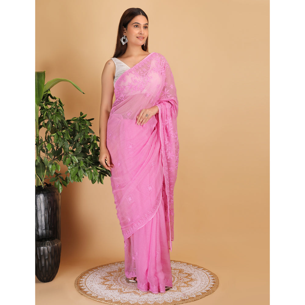 Shwet Magenta Kota Cotton Chikankari Saree