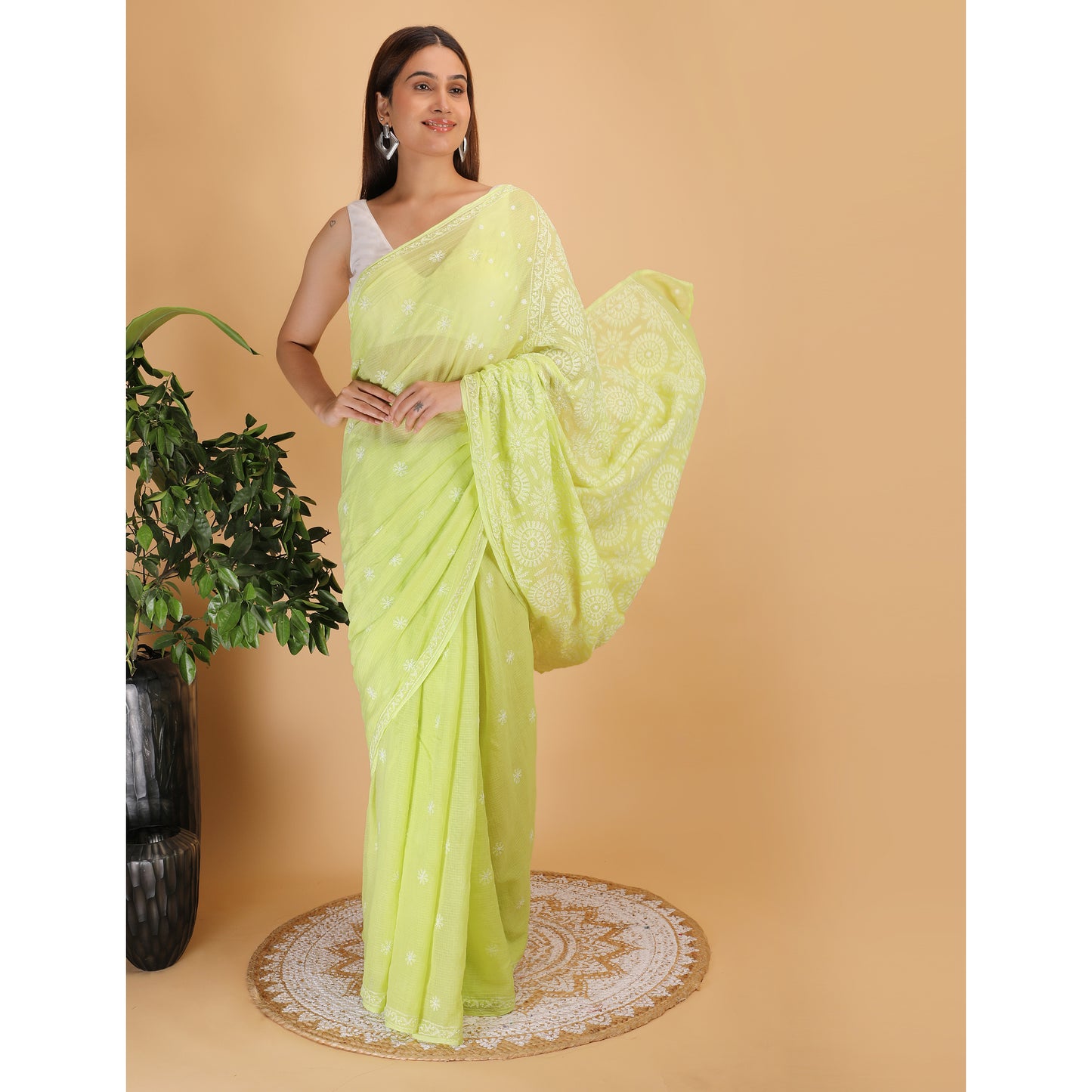 Shwet Light Green Kota Cotton Chikankari Saree