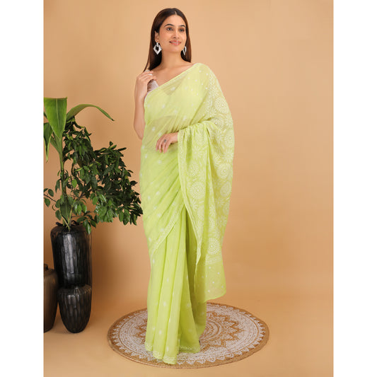 Shwet Light Green Kota Cotton Chikankari Saree