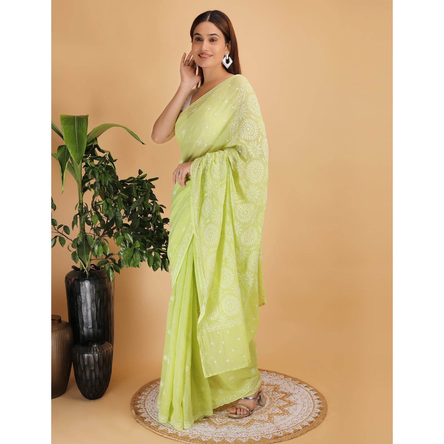 Shwet Light Green Kota Cotton Chikankari Saree