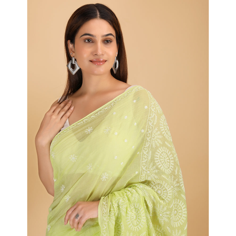 Shwet Light Green Kota Cotton Chikankari Saree