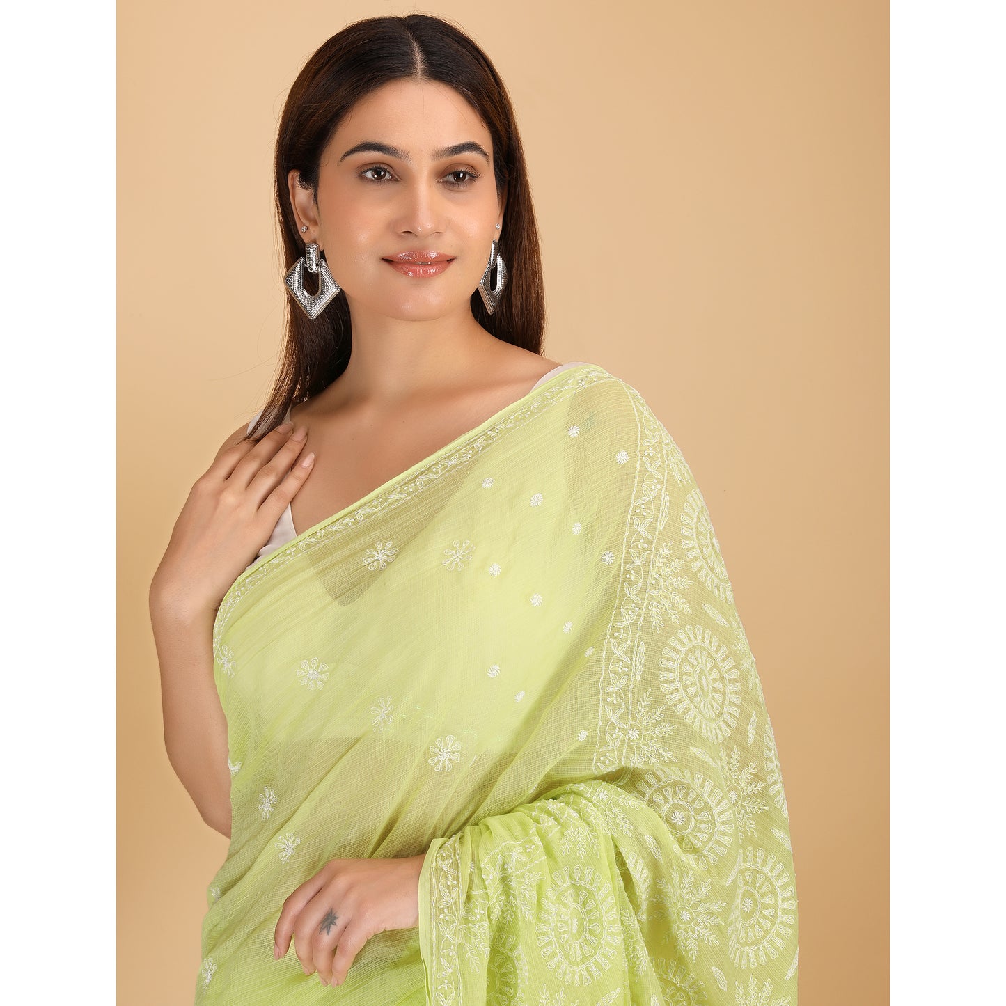 Shwet Light Green Kota Cotton Chikankari Saree