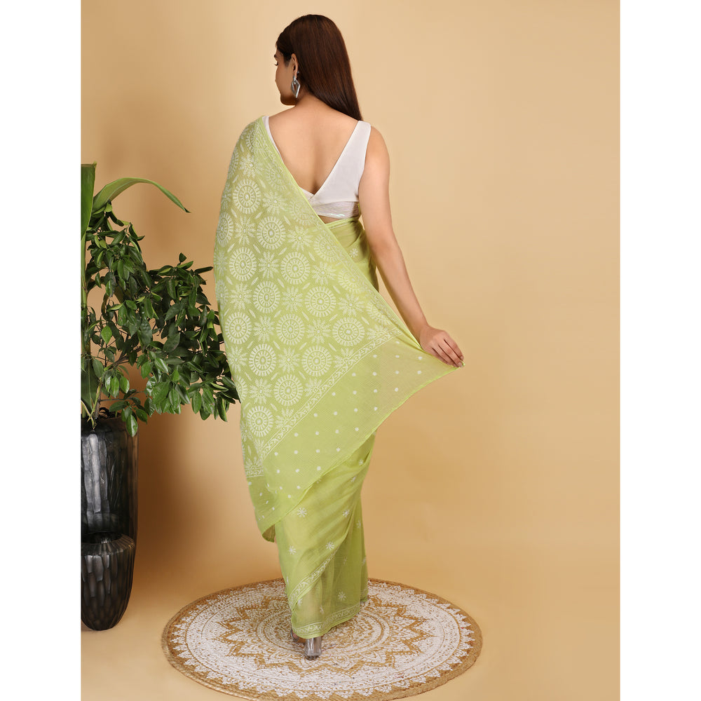 Shwet Light Green Kota Cotton Chikankari Saree