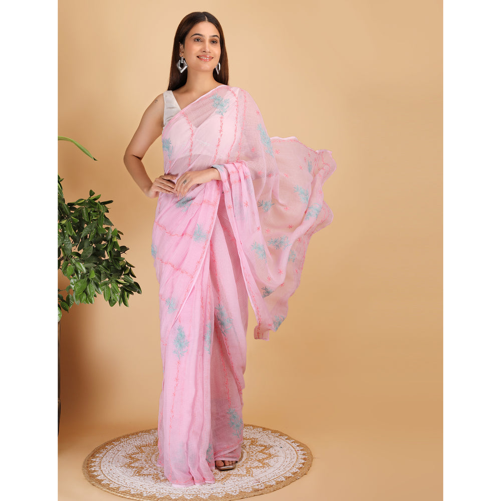 Shwet Pink Kota Cotton Chikankari Saree