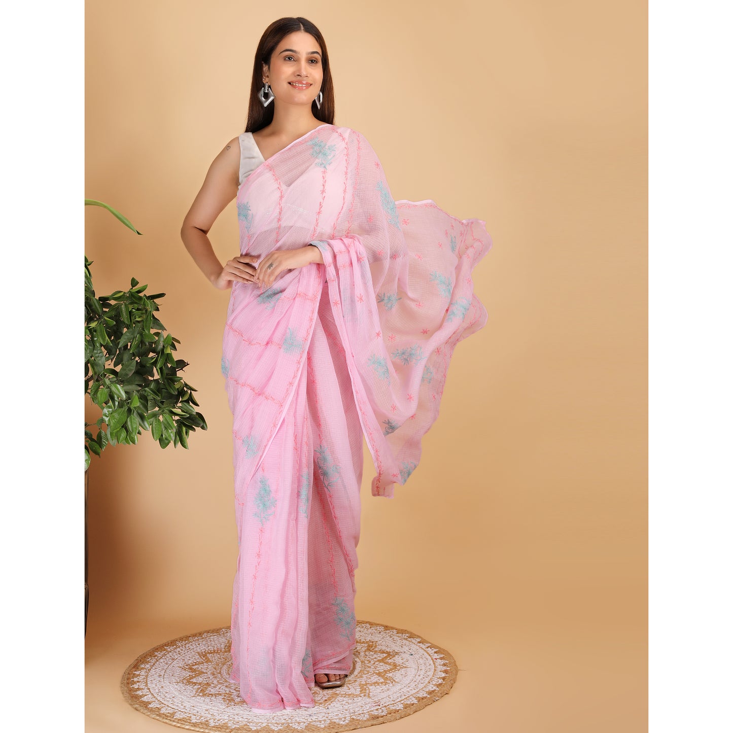 Shwet Pink Kota Cotton Chikankari Saree