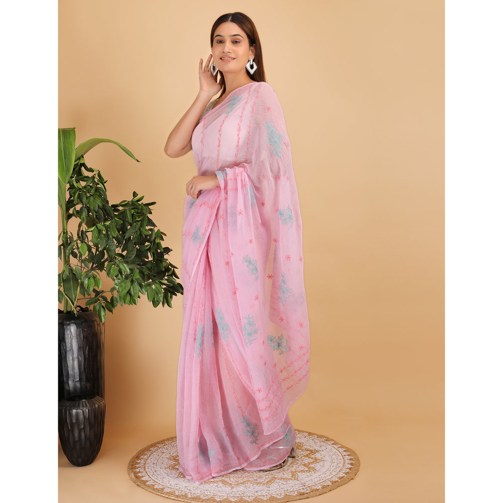 Shwet Pink Kota Cotton Chikankari Saree