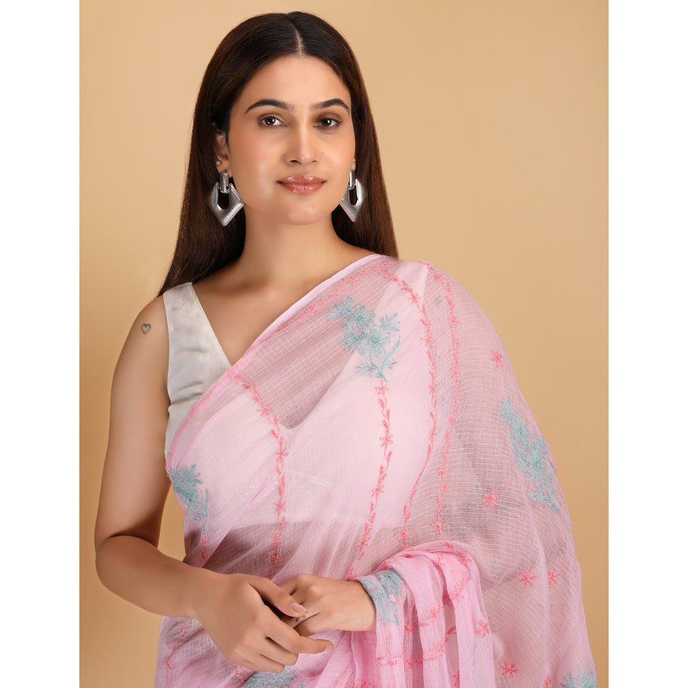 Shwet Pink Kota Cotton Chikankari Saree