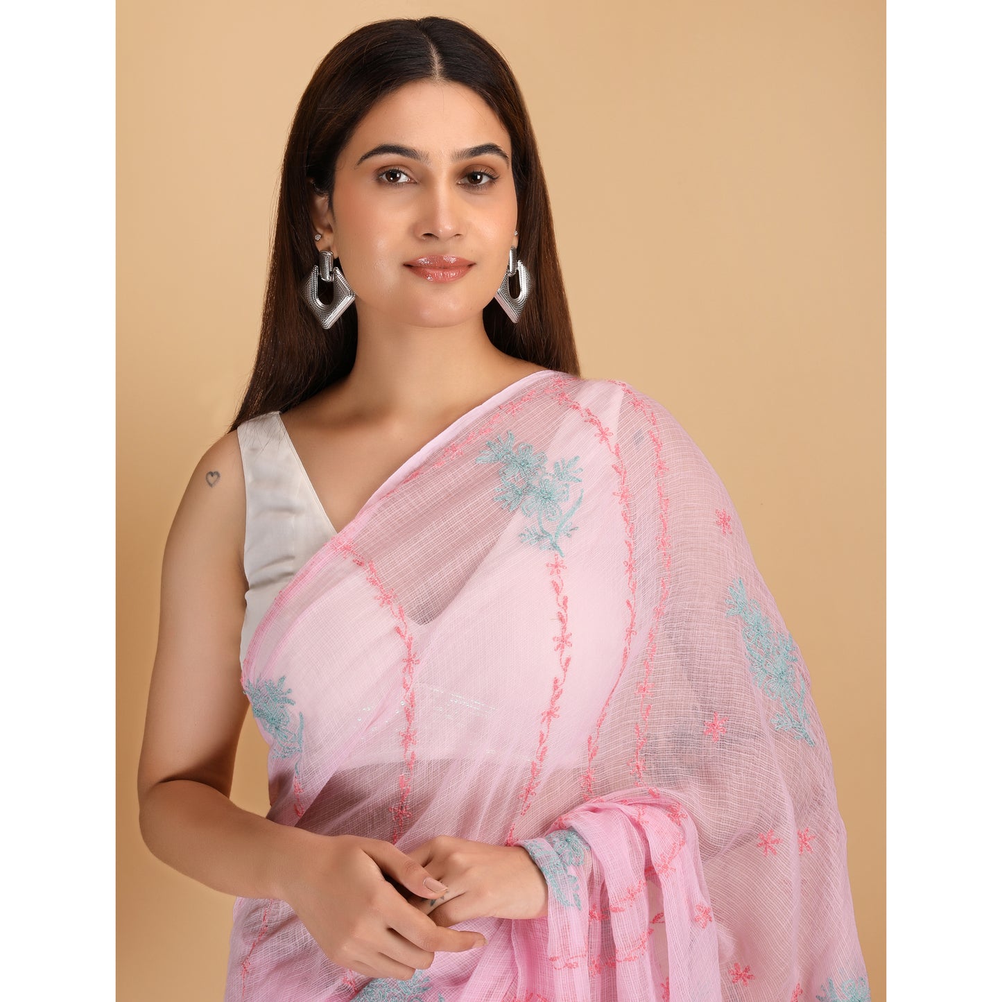 Shwet Pink Kota Cotton Chikankari Saree