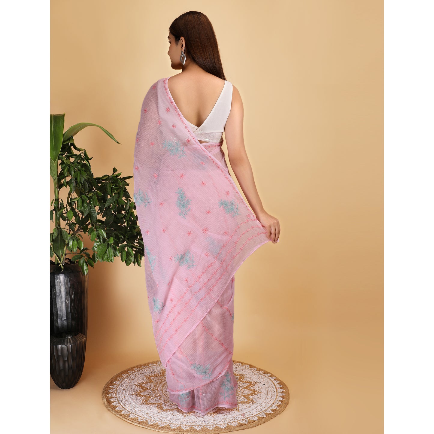 Shwet Pink Kota Cotton Chikankari Saree