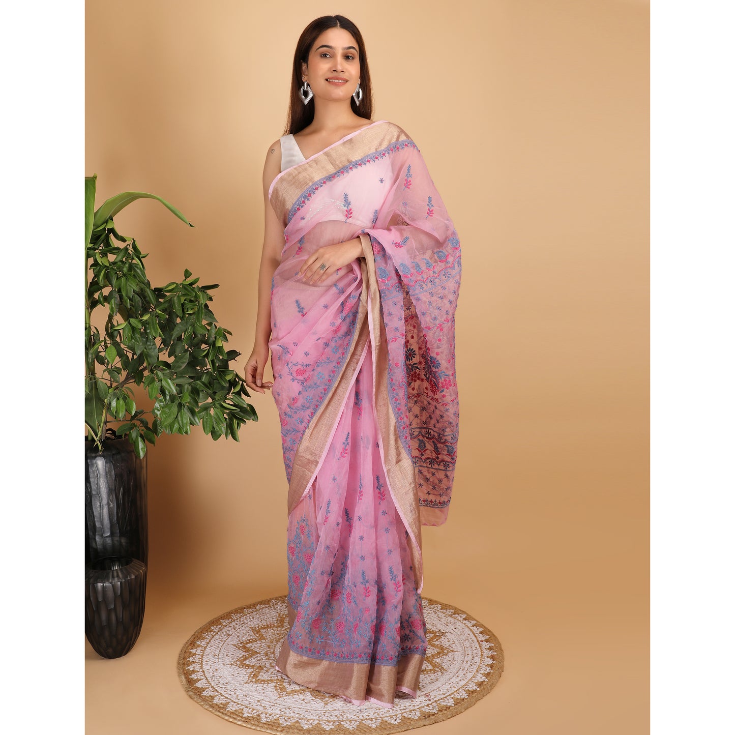 Shwet Magenta And Blue Organza Chikankari Saree