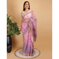 Shwet Magenta And Blue Organza Chikankari Saree