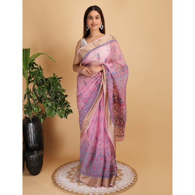 Shwet Magenta And Blue Organza Chikankari Saree