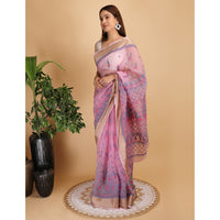 Shwet Magenta And Blue Organza Chikankari Saree